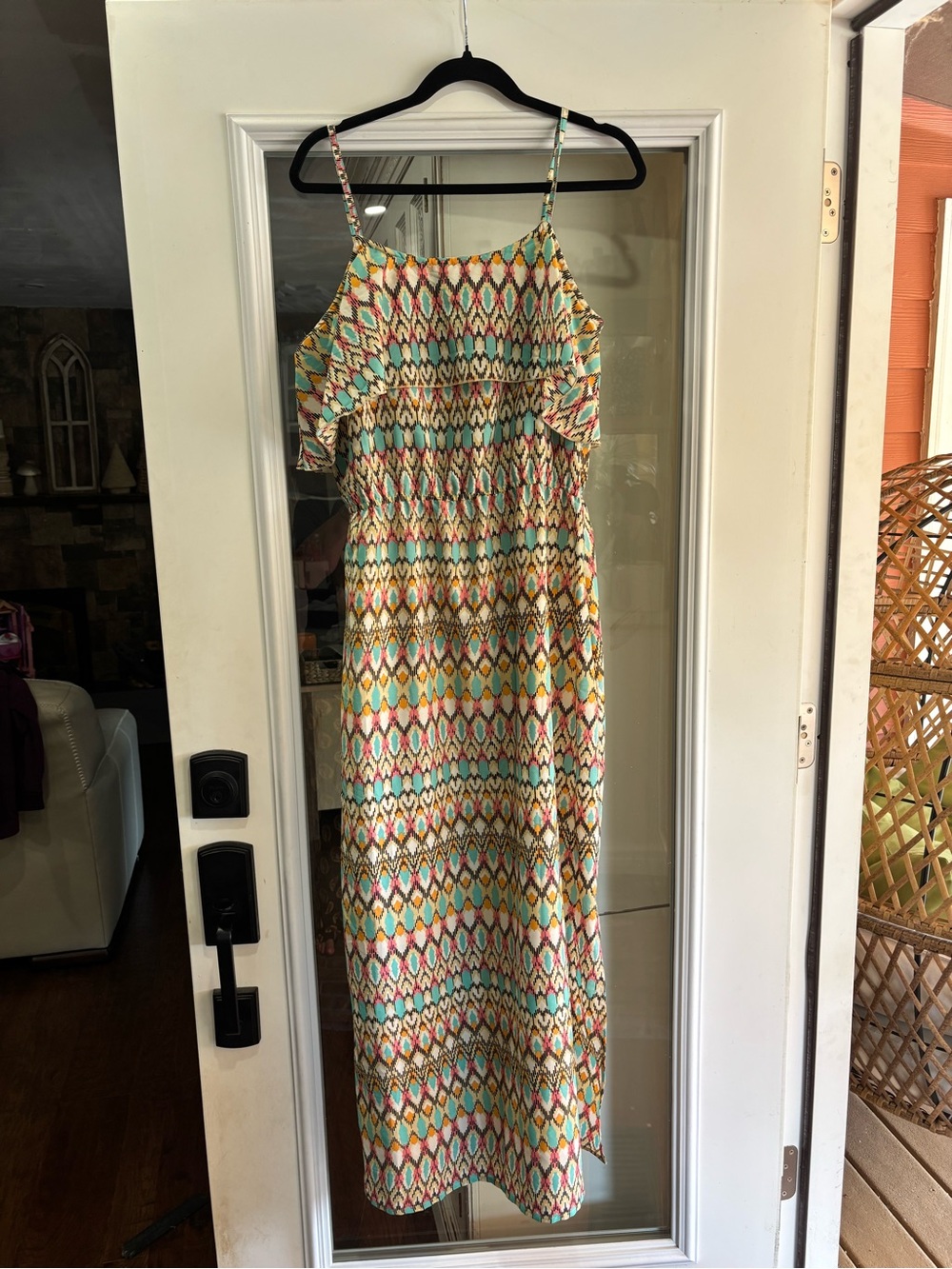 indulge Strappy Maxi Dress in Mint, Coral & Yellow Geometric Print